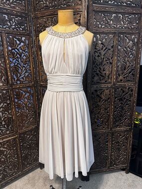 Jessica Howard Beige w/ Cream mesh overlay Beaded Halter Knee Length Dress